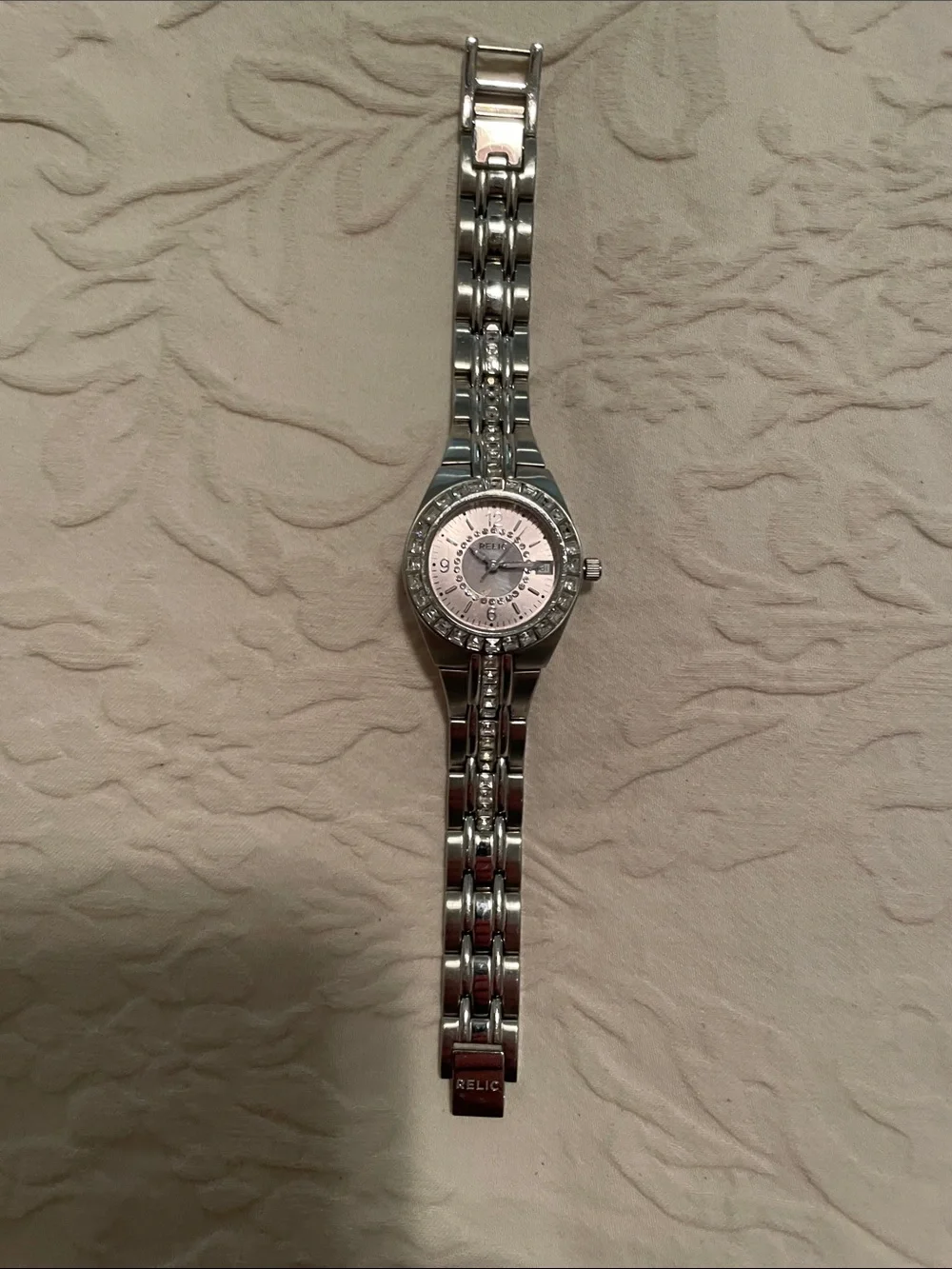 Relic Silver Bracelet Watch with Pink Dial and Crystal Accents